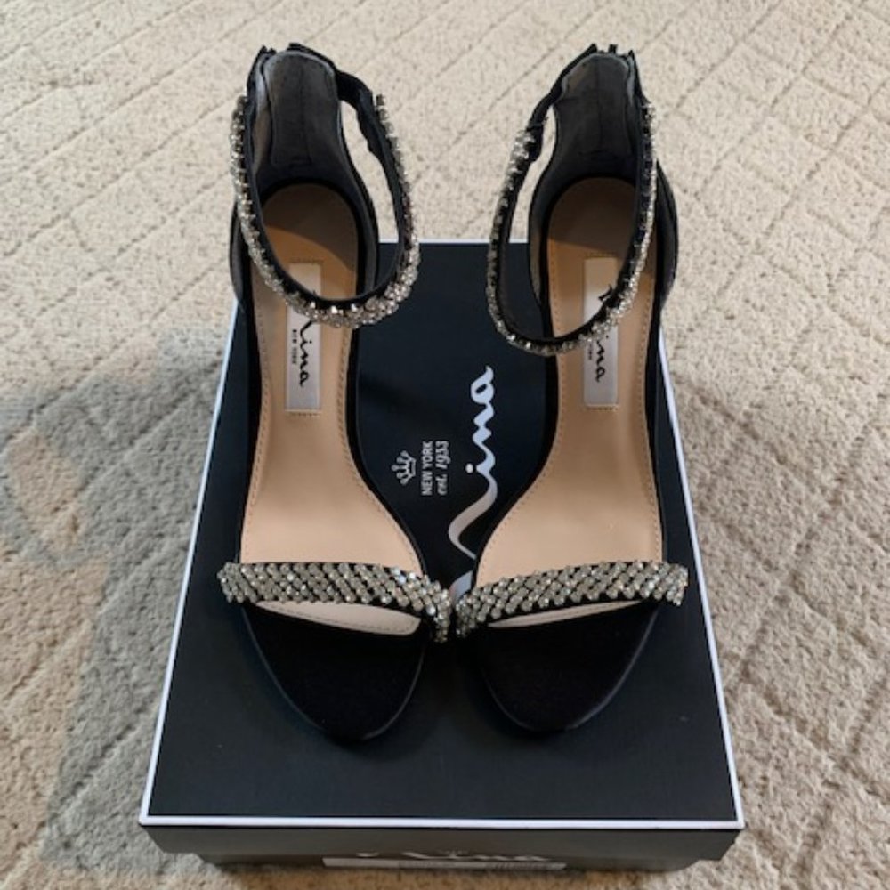 Women's Nina Stiletto Black Luster Satin Heals with Sparking Crystals